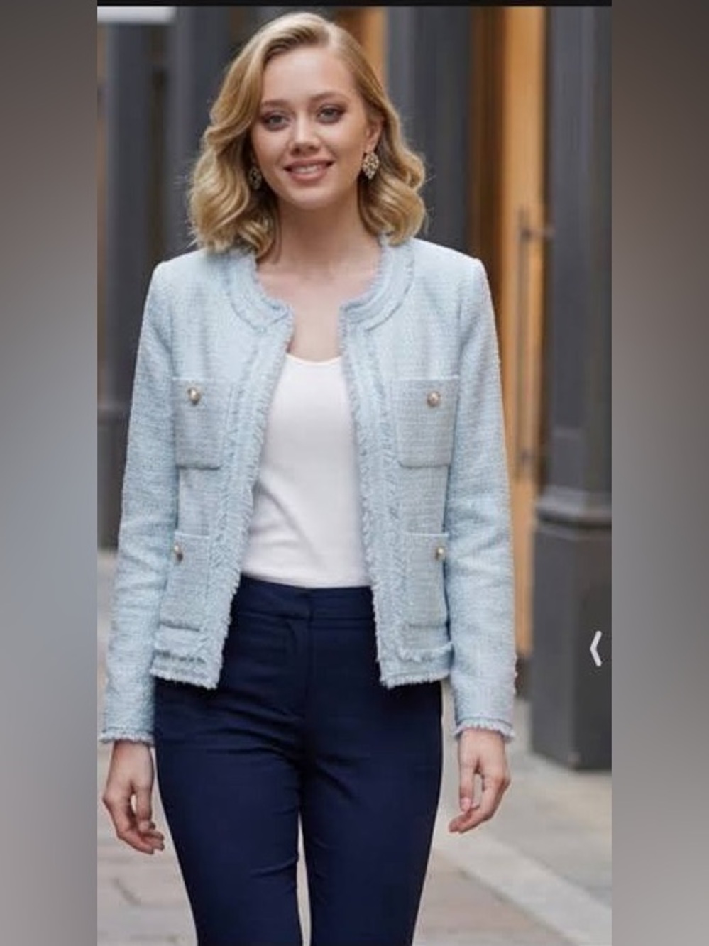 NWT Nanette Lepore Light Blue Tweed
Fringe Jacket Pearl Buttons.